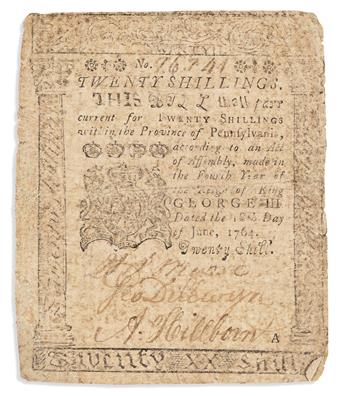 (EARLY AMERICAN IMPRINT.) Twenty-shilling piece of Pennsylvania colonial currency printed by Franklin & Hall.